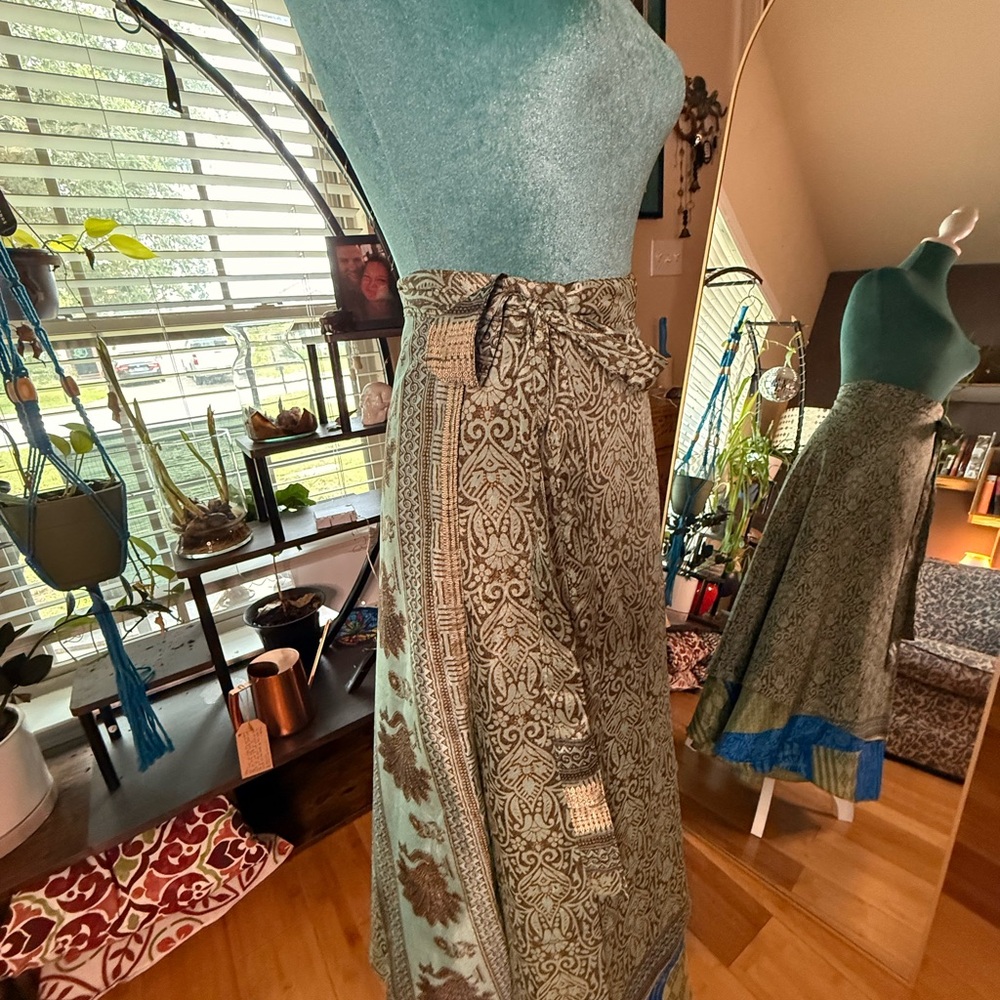 Boho Green & Blue Border Floral Wrap Skirt